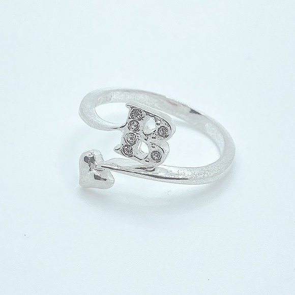 Vintage Jewelry - Vtg Sterling CZ Letter B Heart Open Adjustable Bypass Ring Sz 7 / AVON